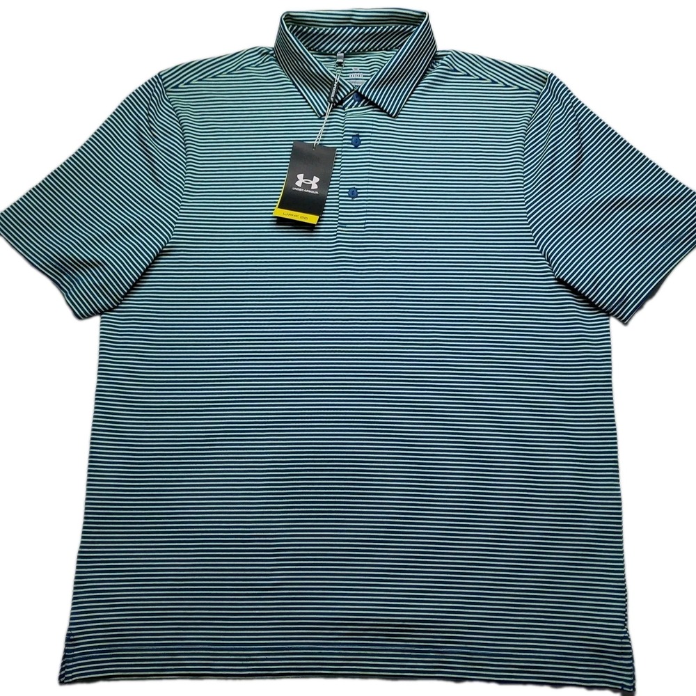 NWT Under Armour‎ Golf Polo UPF 50 men's L Blue Green Stripe